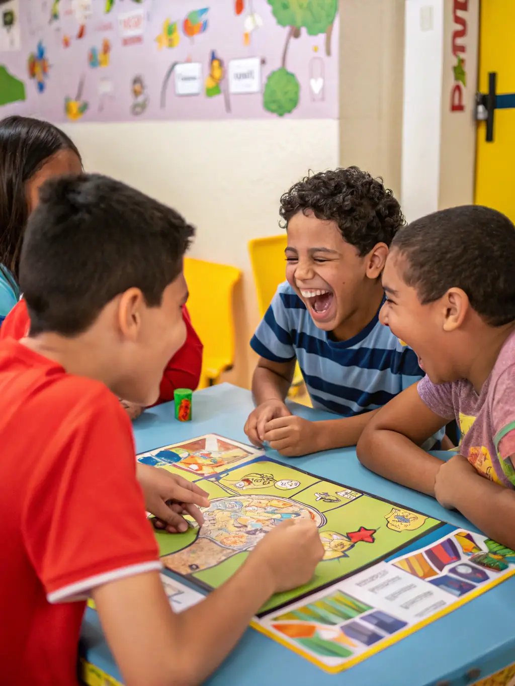 A group of children enthusiastically playing a board game together at PICS-COLEGRAM, showcasing the fun and interactive nature of the activity.